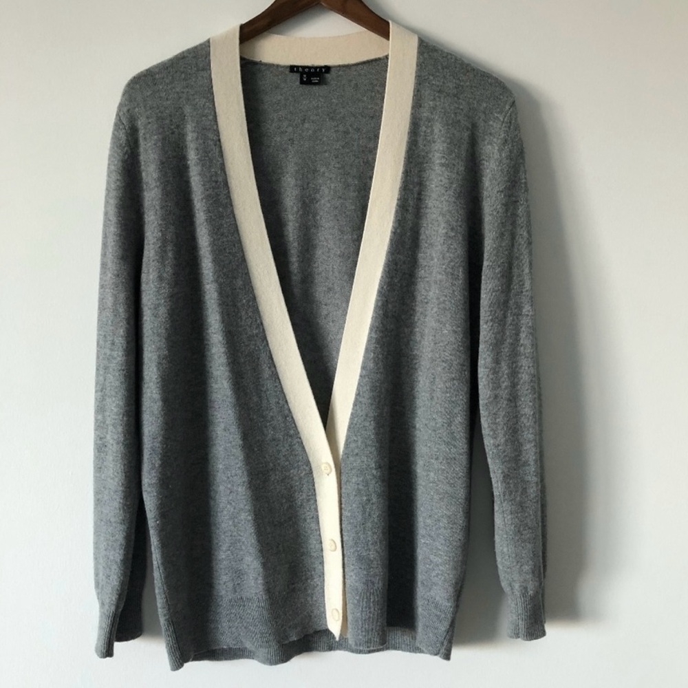 Theory Gray Cardigan with Cream Trim